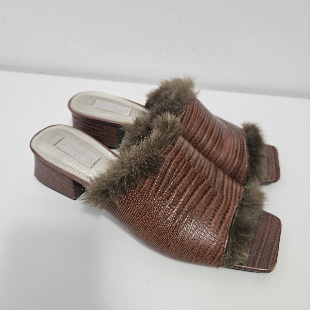 Suzanne Rae Faux Lizard With Faux Mink Lining Mules Slides 7.5 Brown Block Heel - Picture 2 of 11